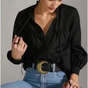Anthropologie Maeve Poplin Button Down Black Shirt Small